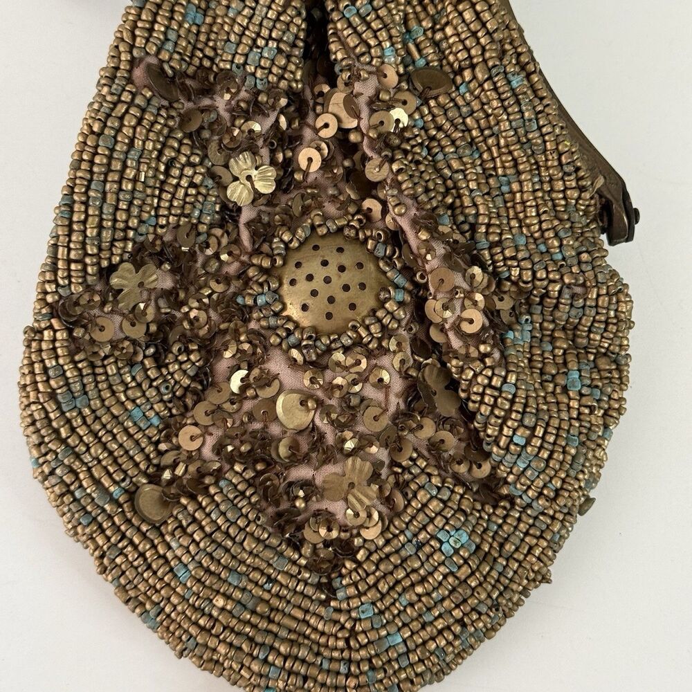 Antique 1920s Glass Beaded Victorian Flapper Purse Ornate Metal Frame W/ Mirror - Picture 4 of 12